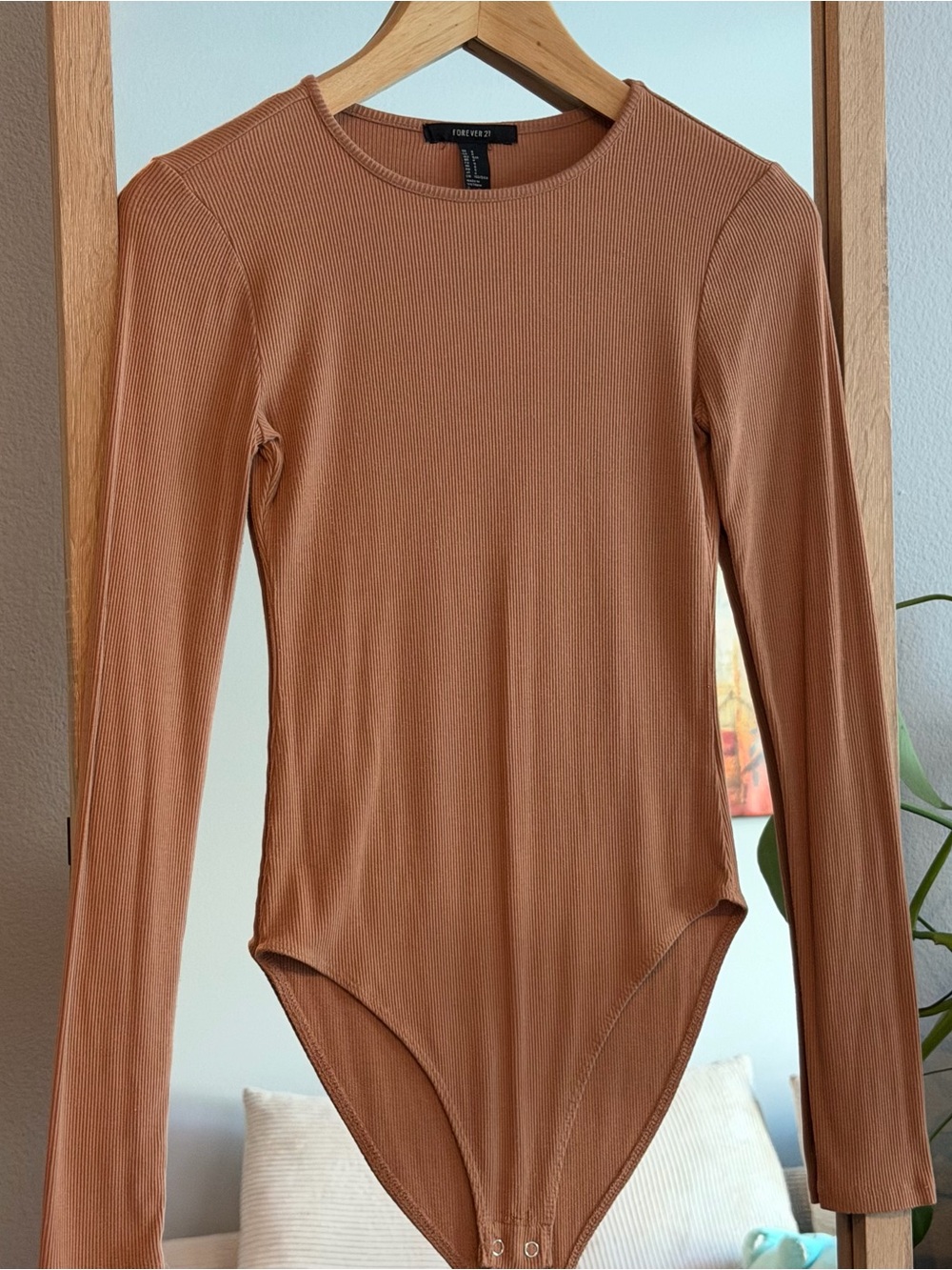 Forever 21 Ribbed Long Sleeve Bodysuit - Tan